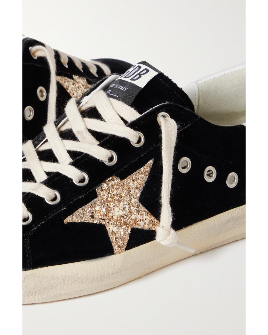 Golden Goose Deluxe Brand Black Super-Star Eyelet-Embellished Distressed Glittered Leather And Velvet Sneakers