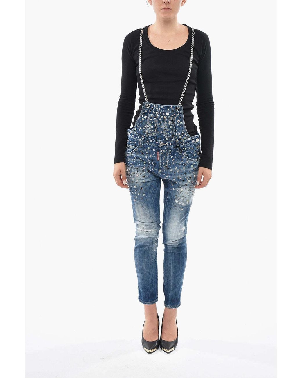 DSquared² Blue Jewel-Embellished Chain-Strap Jumpsuit