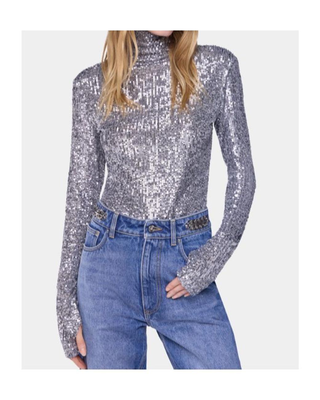 Rabanne Gray Sequin Embellished Turtleneck Top