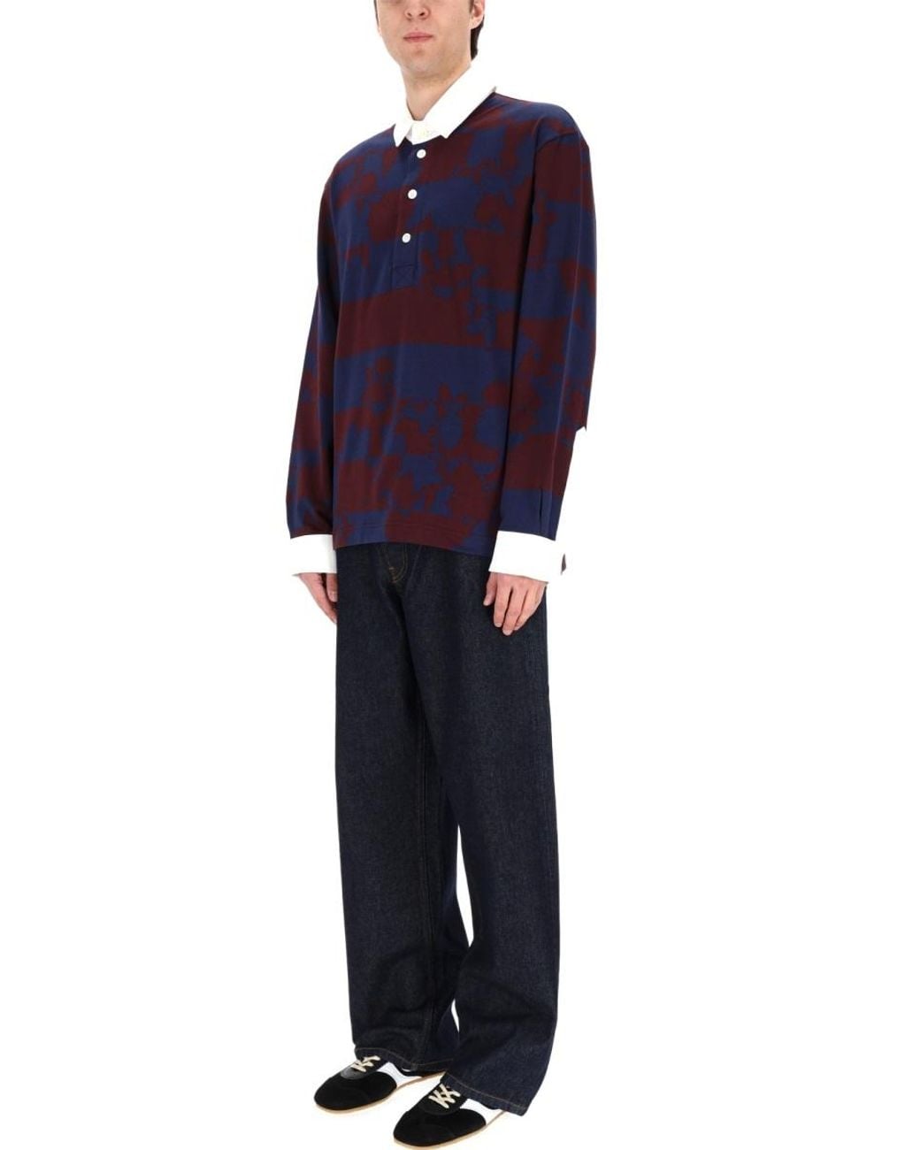 Dries Van Noten Blue Striped Long-Sleeved Polo Shirt for men