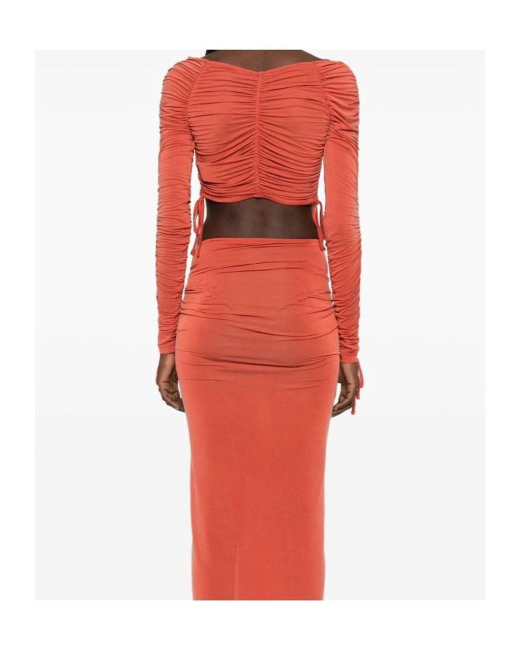 Balmain Red Ruched Long-Sleeve Crop Top