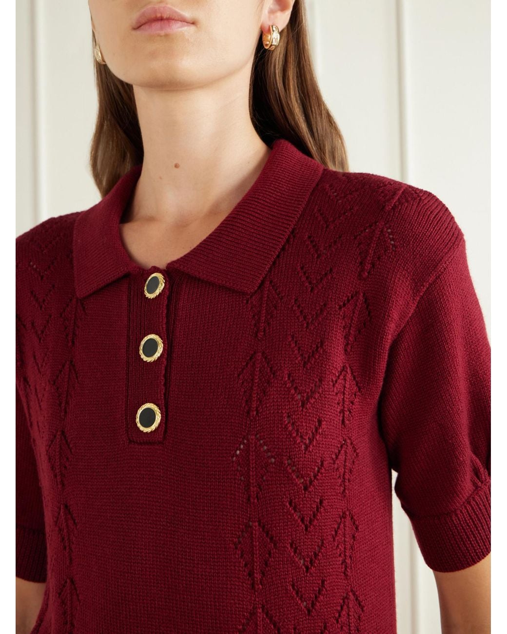 Alessandra Rich Red Open-Knit Wool Polo Shirt
