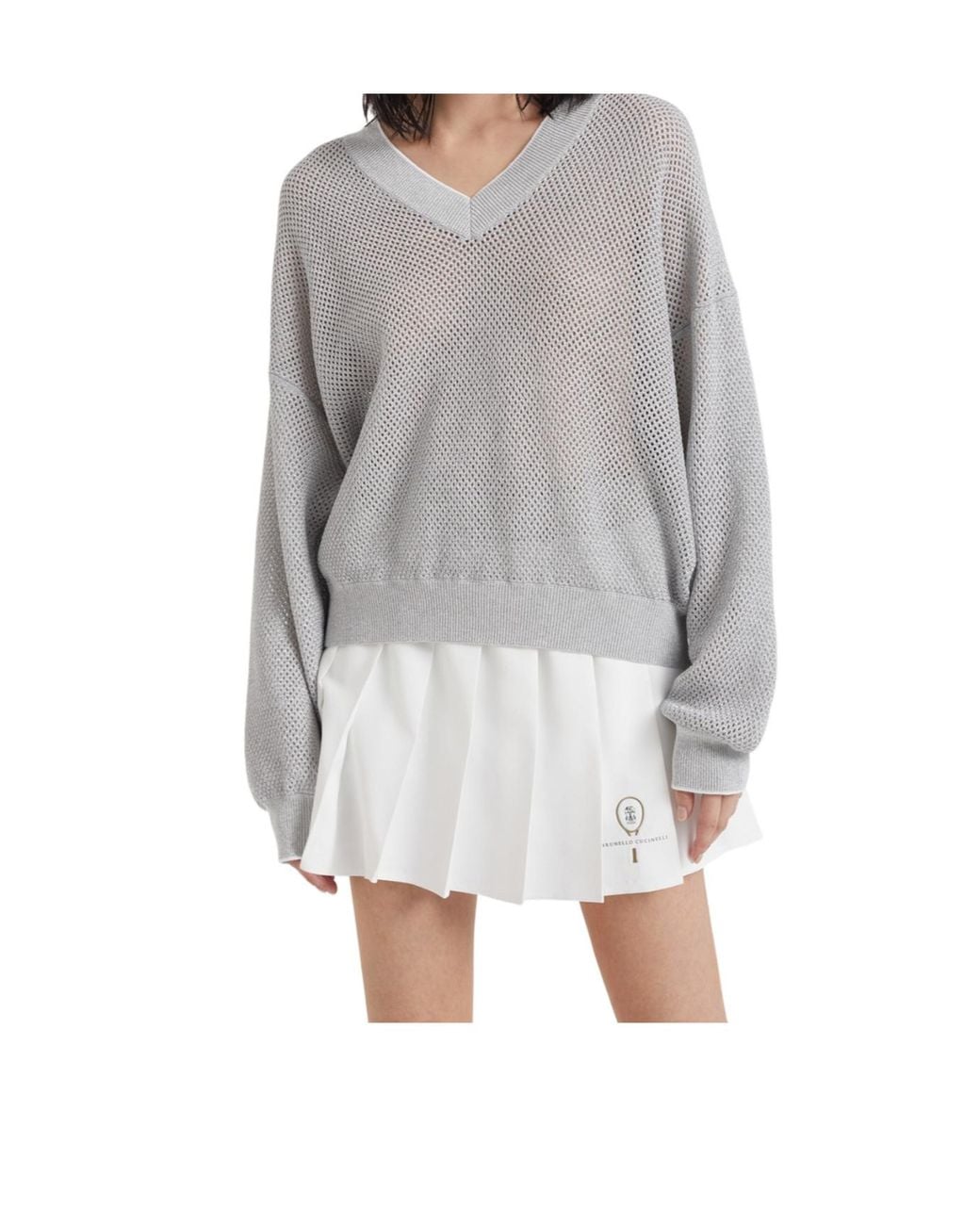 Brunello Cucinelli Gray V-Neck Knit Jumper