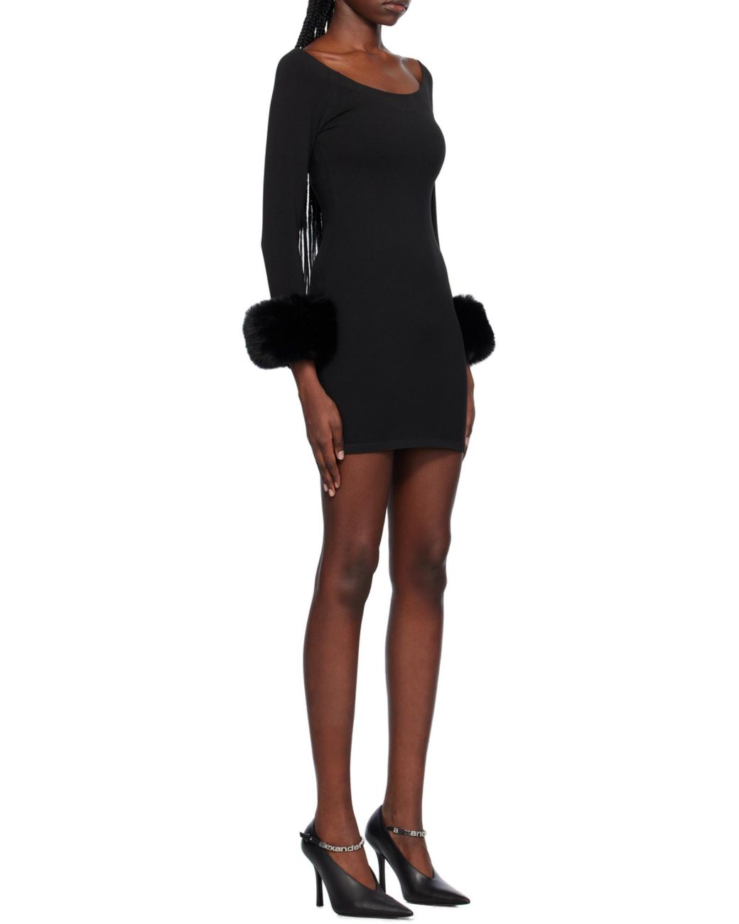 Alexander Wang Black Round Neck Fur Trimmed Dress