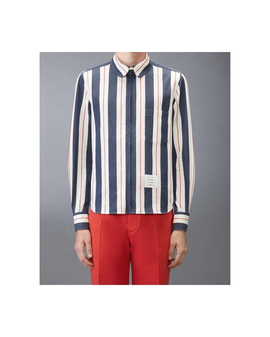 Thom Browne Blue Rounded Collar Striped Zipped Shirt for men