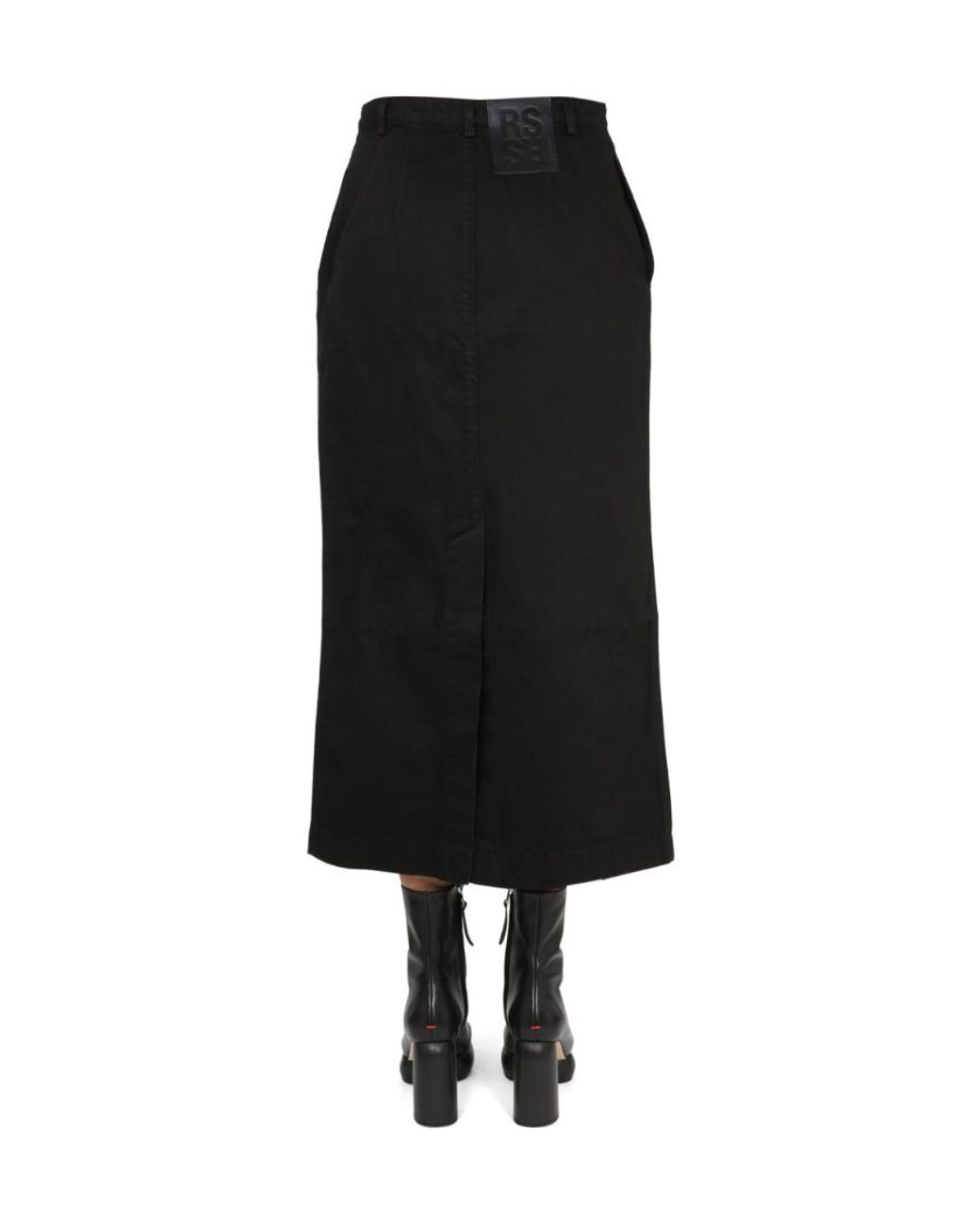 Raf Simons Black Logo Patch Buttoned-Up Denim Midi Skirt