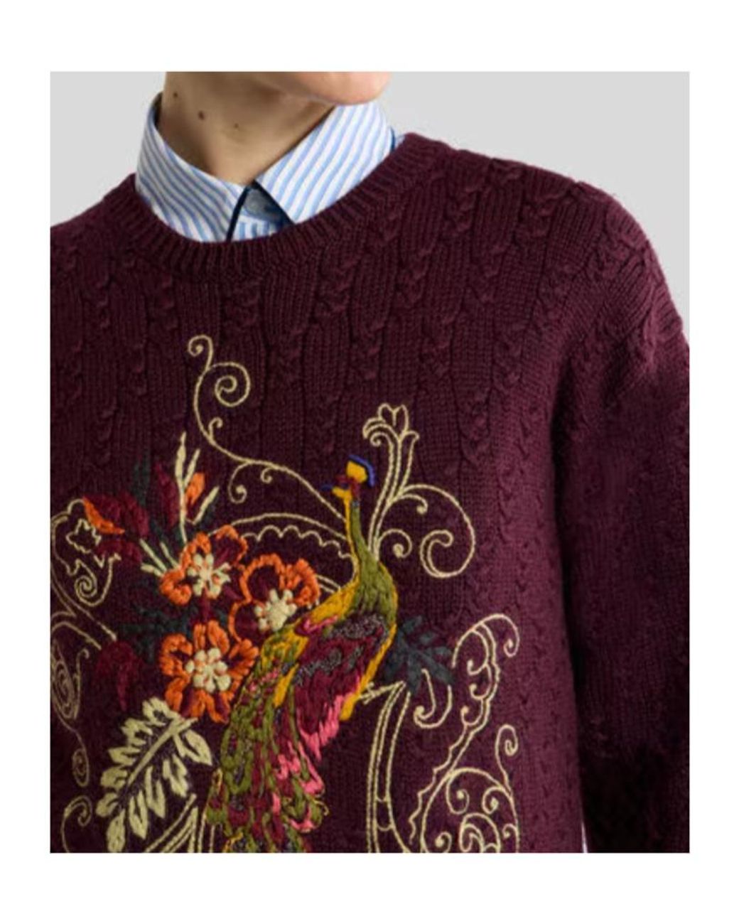 Etro Purple Cropped Cable-Knit Cashmere-Blend Sweater With Peacock Embroidery