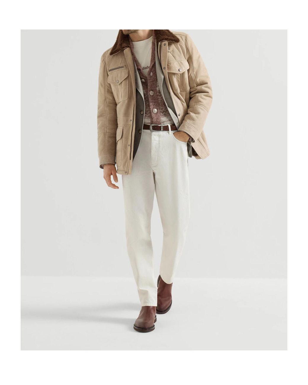 Brunello Cucinelli Brown Waxed Shearling Safari Jacket for men