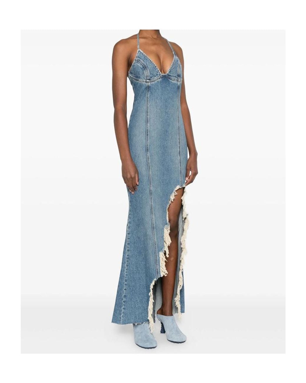 Blumarine Blue Halter-Neck Frayed-Hem Denim Dress