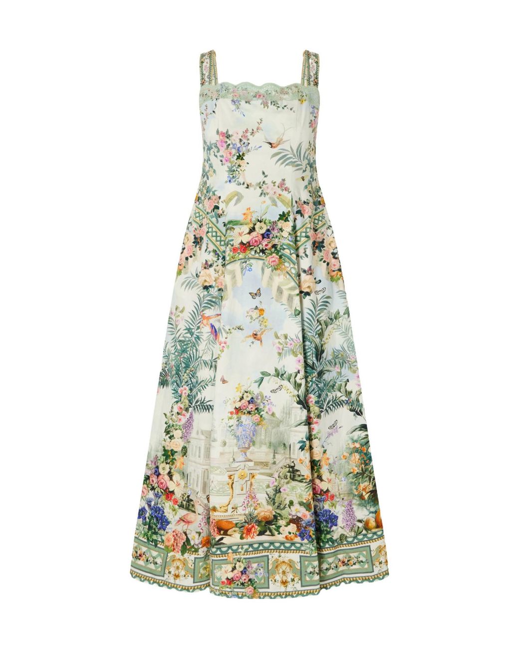 Camilla White Empress Lace-Trimmed Printed Cotton-Blend Midi Dress