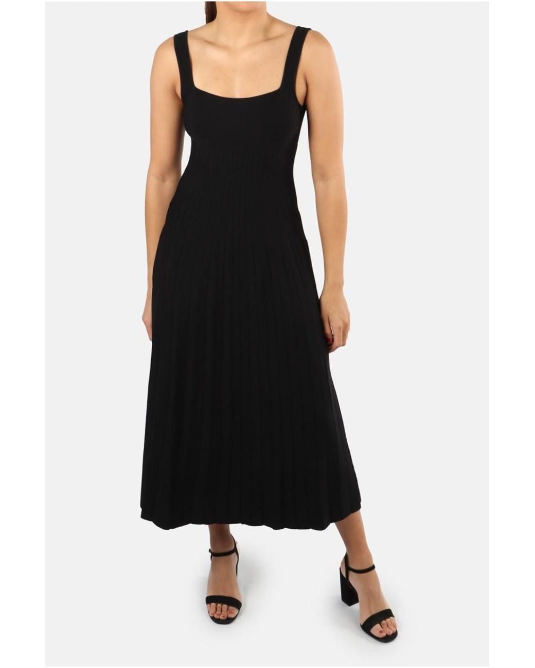 Staud Black Ellison Pleated Sleeveless Midi Dress