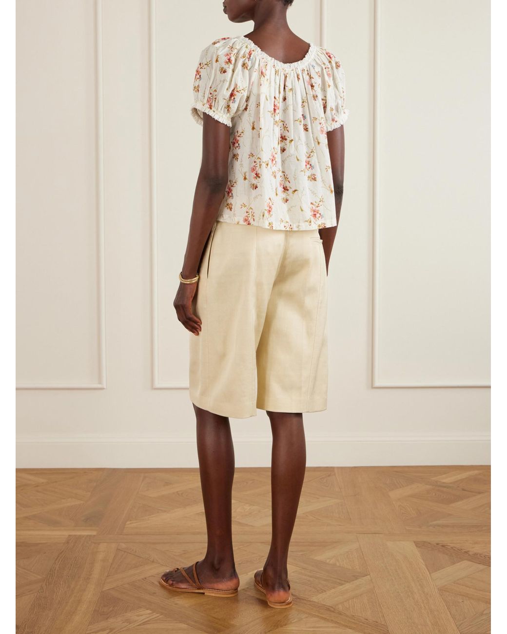 Doen White Lace-Trimmed Floral-Print Organic Cotton Blouse