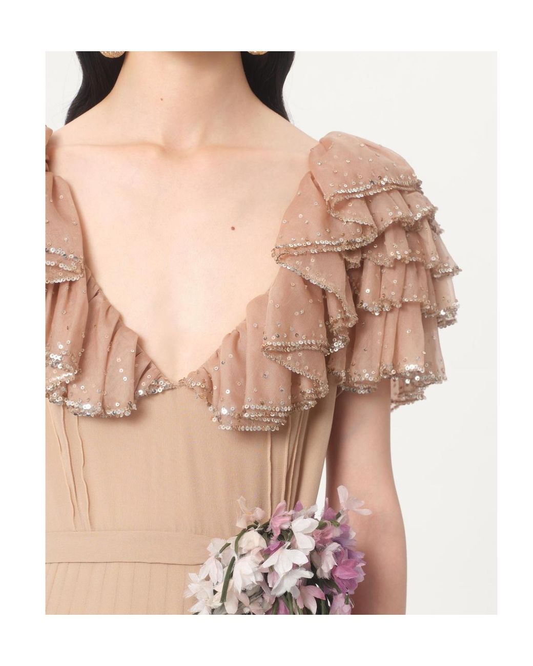 Valentino Natural Floral Embellished Ruffled V-Neck Dress