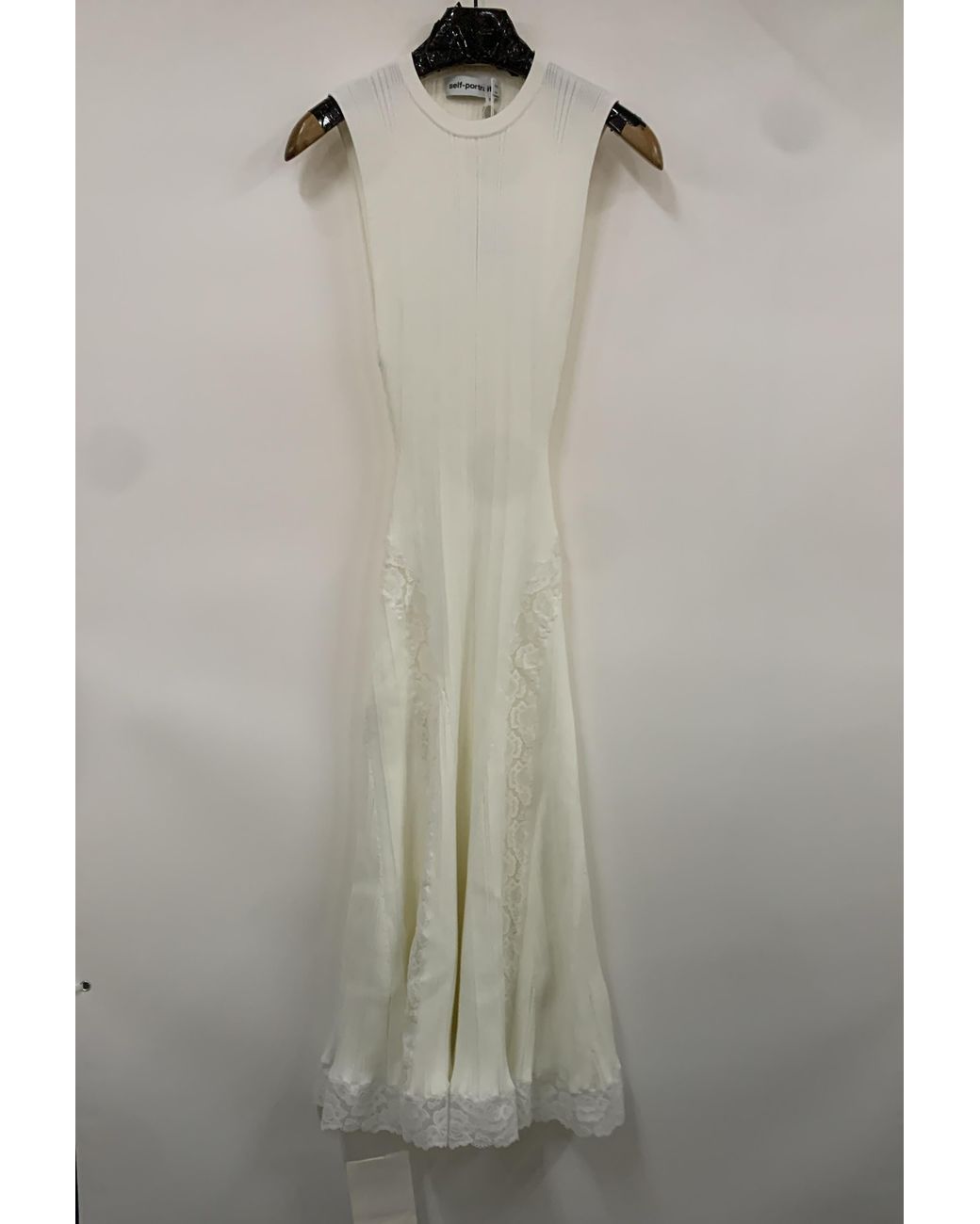 Self-Portrait White Lace-Panel Knitted Midi Dress
