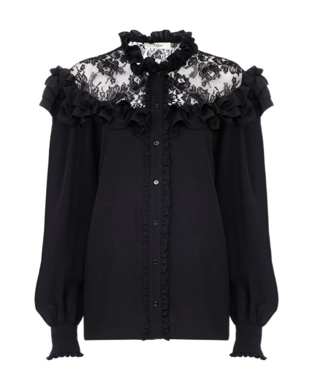 Chloé Black Chloé High-Neck Laced Ruffled Blouse