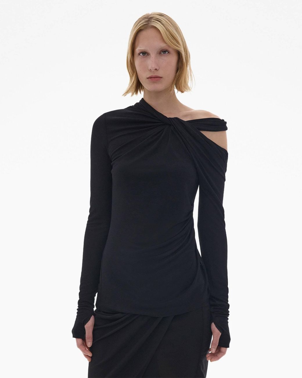 Helmut Lang Black Cold Shoulder Twist Detailed Top