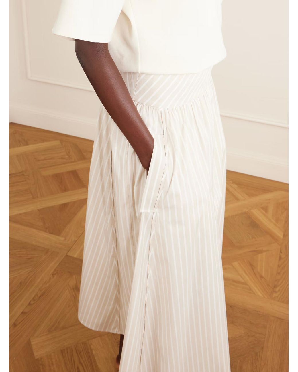 Theory White Striped Midi Skirt