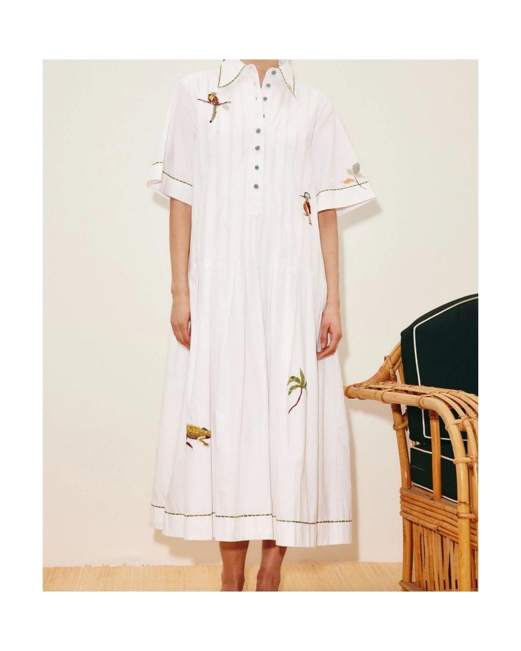ALÉMAIS White Camelia Embroidered Pleated Shirtdress