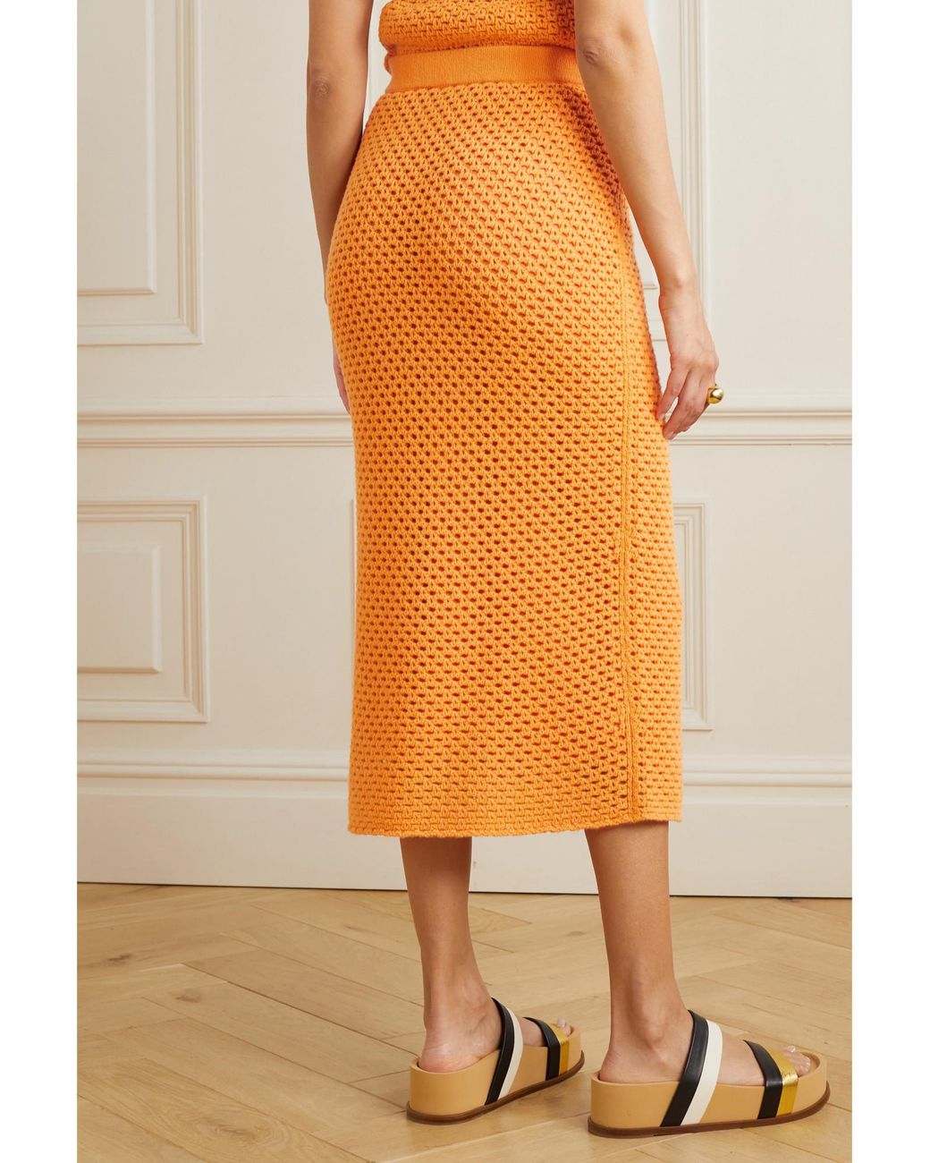 Gabriela Hearst Orange Tana Crocheted Wool And Cashmere-Blend Midi Skirt