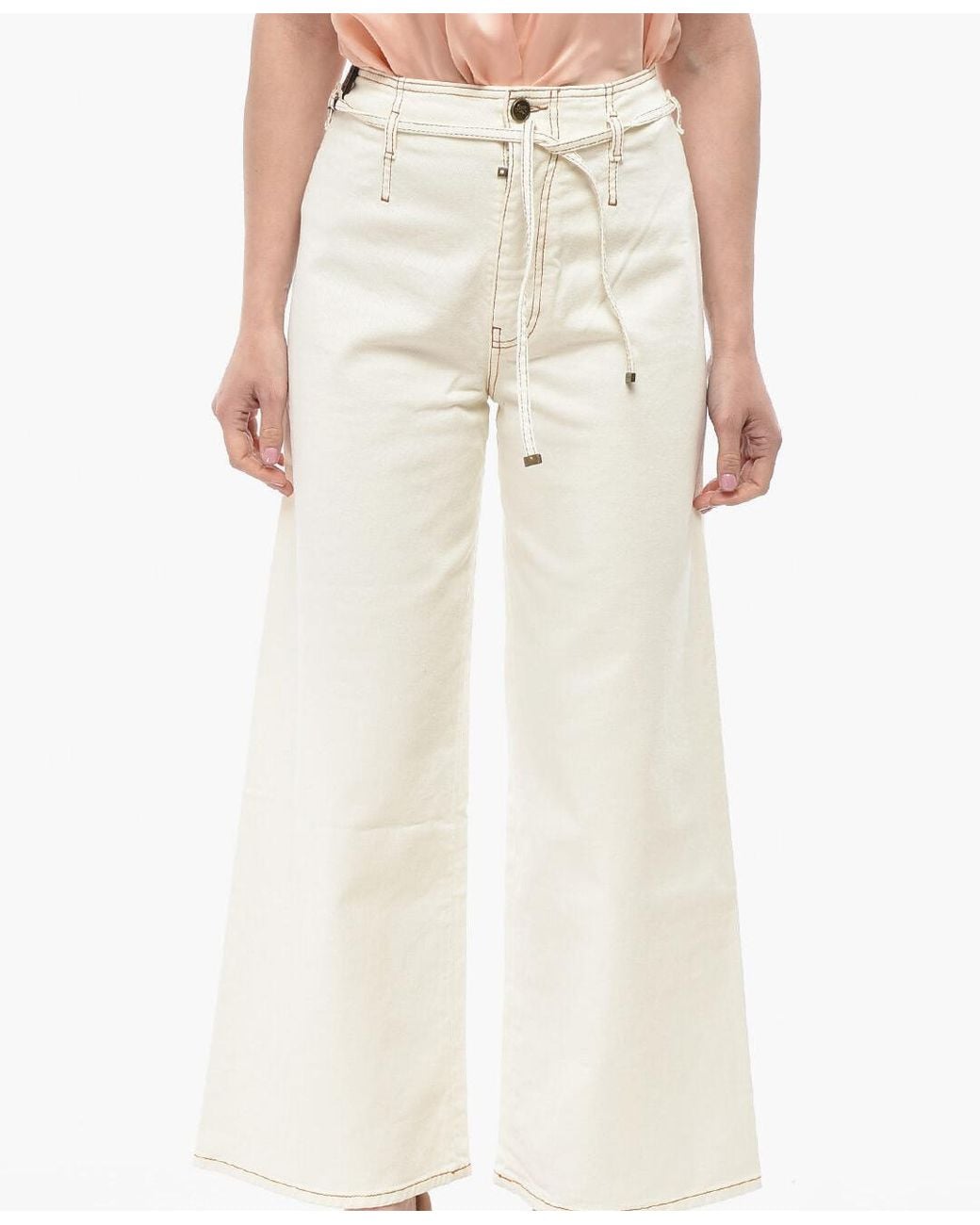 Etro Natural Wide-Leg Trousers With Topstitching