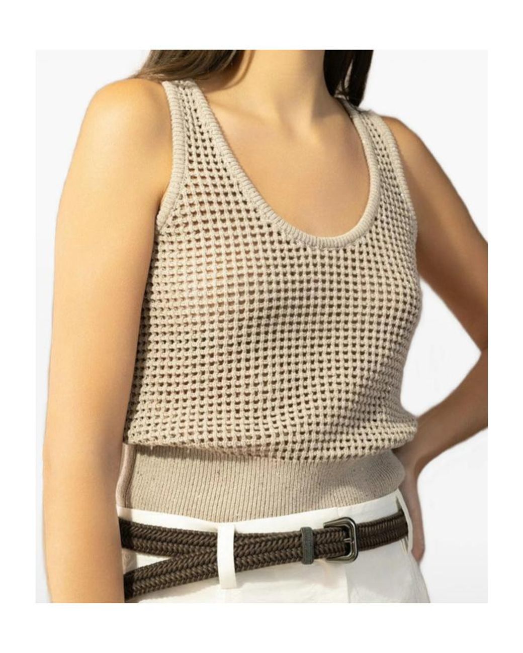 Brunello Cucinelli Natural Sleeveless Knitted Tank Top