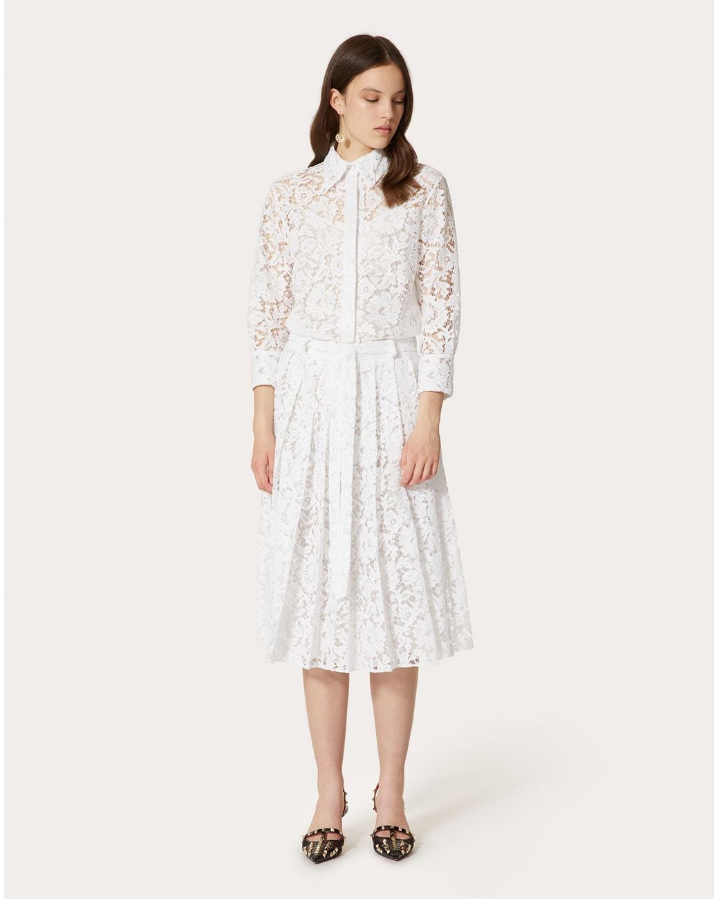 Valentino White Floral-Lace Pleated Shirt-Dress