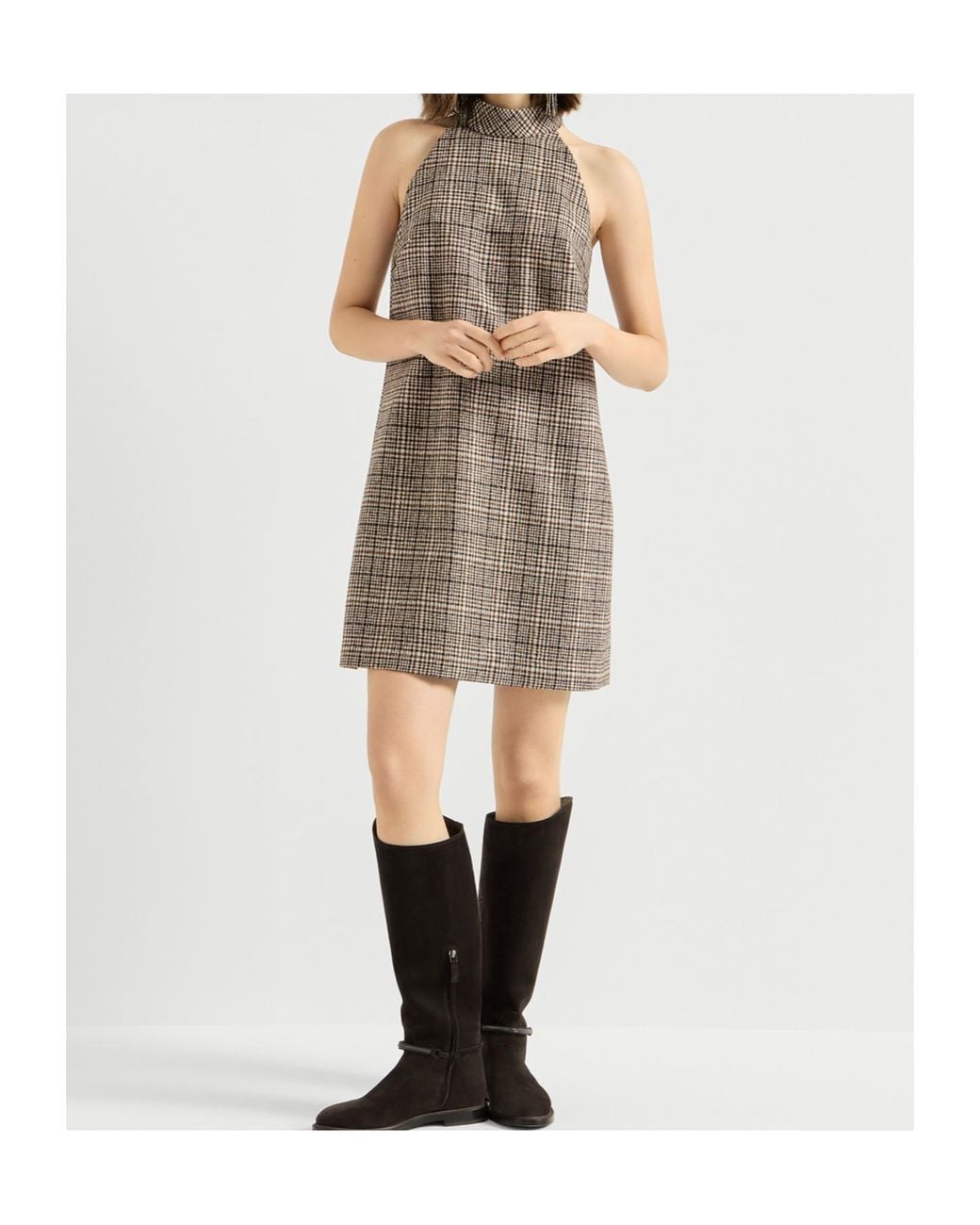 Brunello Cucinelli Brown Checked Alpaca And Wool Dress With Monili