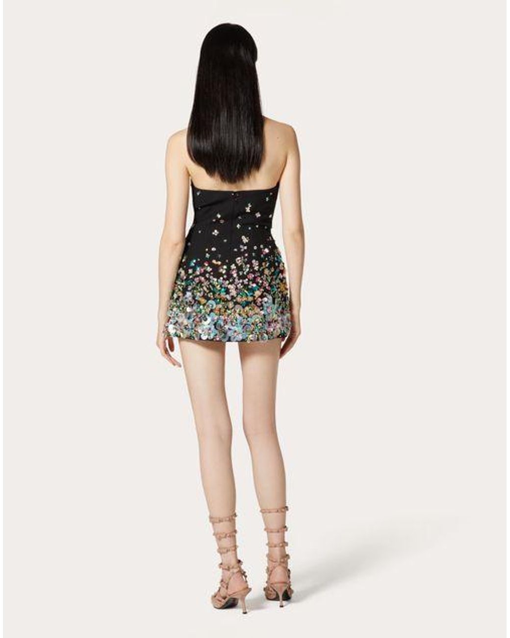Valentino Black Floral-Embellished Collared Mini Dress