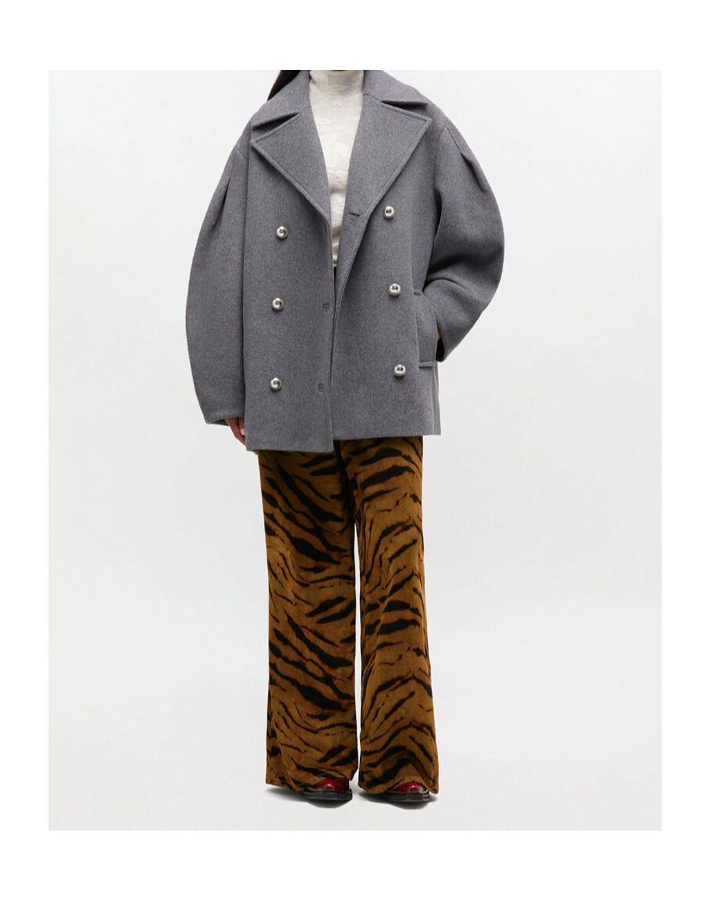 Ganni Gray Oversized Midi Peacoat