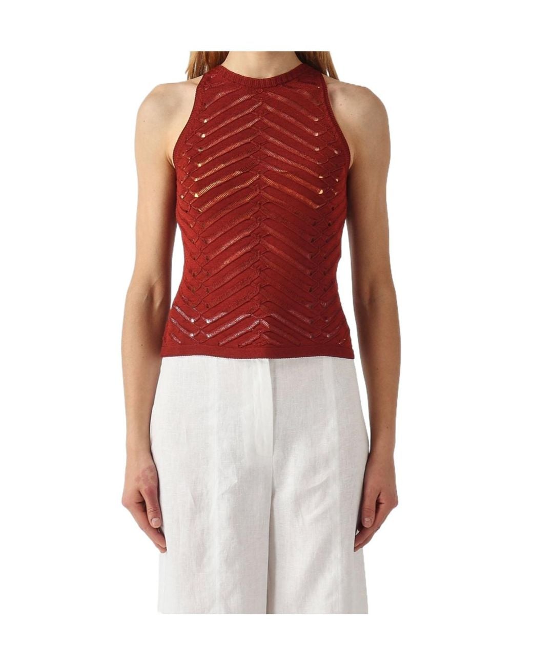 Twinset Red Openwork Halterneck Knitted Top