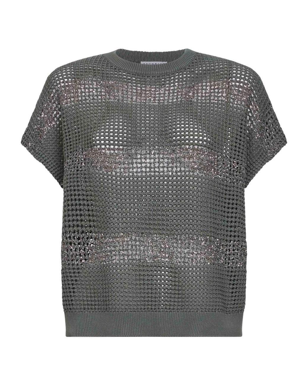 Brunello Cucinelli Gray Khaki Cotton Net Knit Sweater With Dazzling Stripes