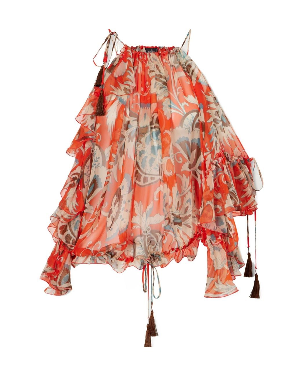 Etro Red Off-The-Shoulder Asymmetrical Tassel Ruffle Print Shirt