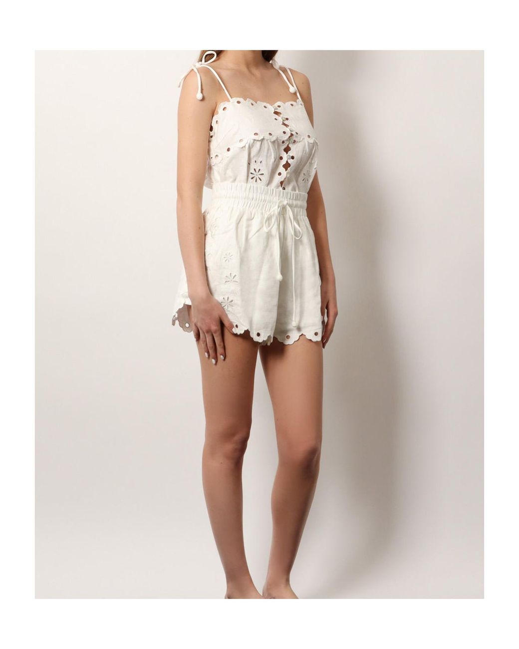 Farm Rio White Eyelet-Embroidered Scalloped-Hem Shorts
