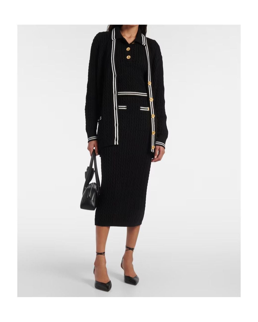 Alessandra Rich Black Cable-Knit Cotton Midi Skirt