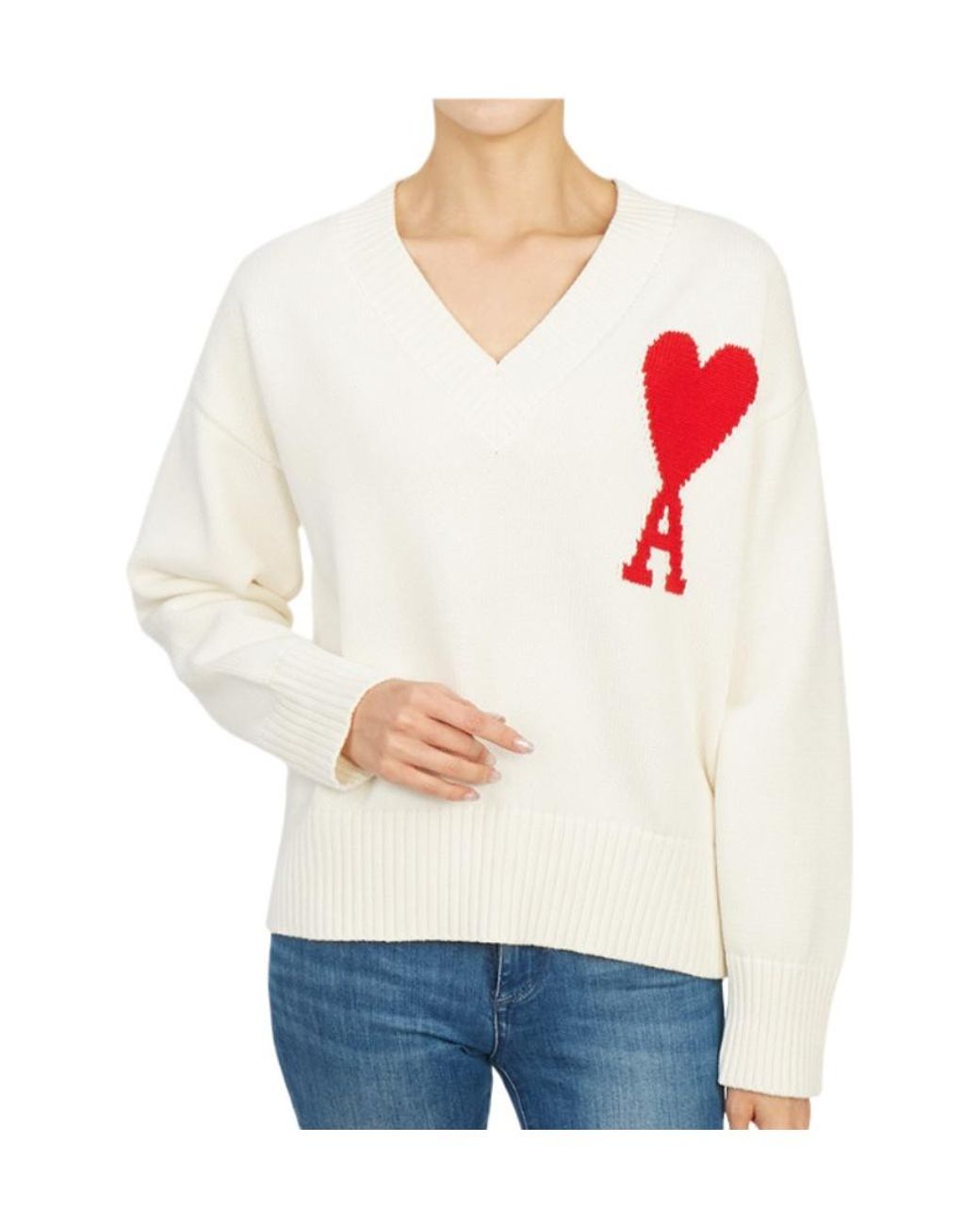 AMI White V-Neck Sweater for men