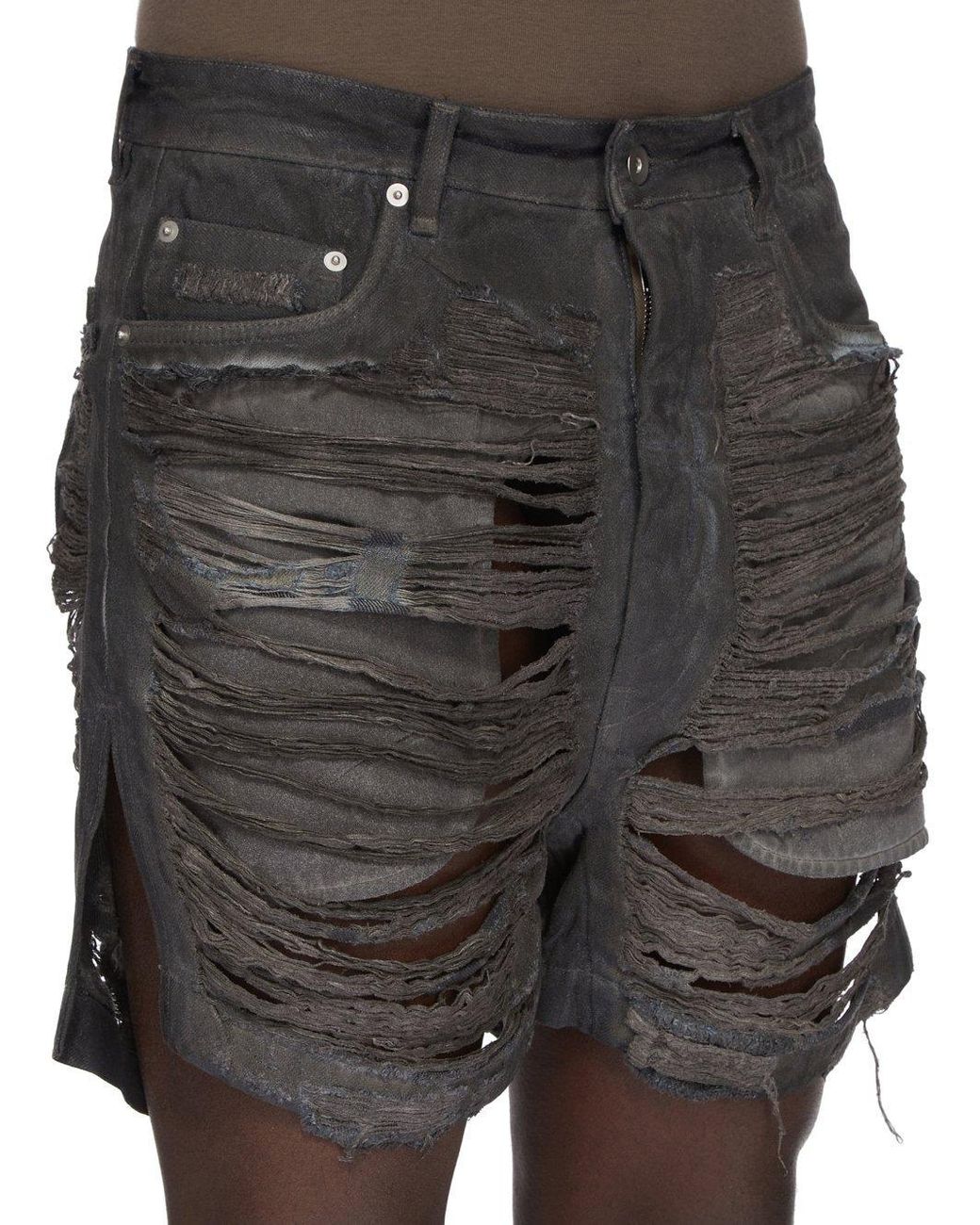 Rick Owens Black Geth Cut-Off Distressed Shorts for men