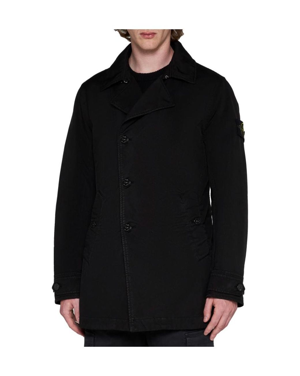Stone Island Black Compass-Patch Long-Sleeved Button-Up Coat for men