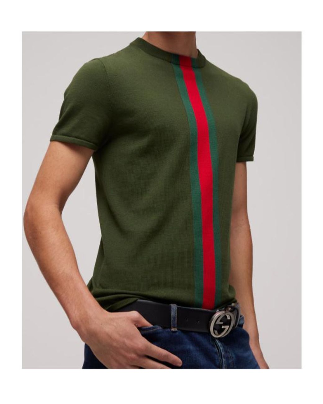 Gucci Green Knit Cotton T-Shirt With Web Intarsia for men