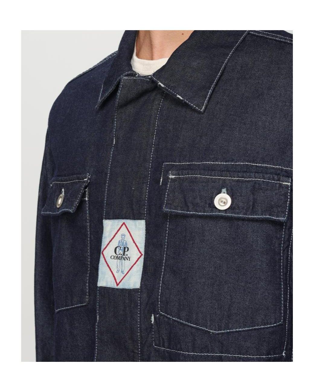 C P Company Blue Long-Sleeved Denim Coat for men