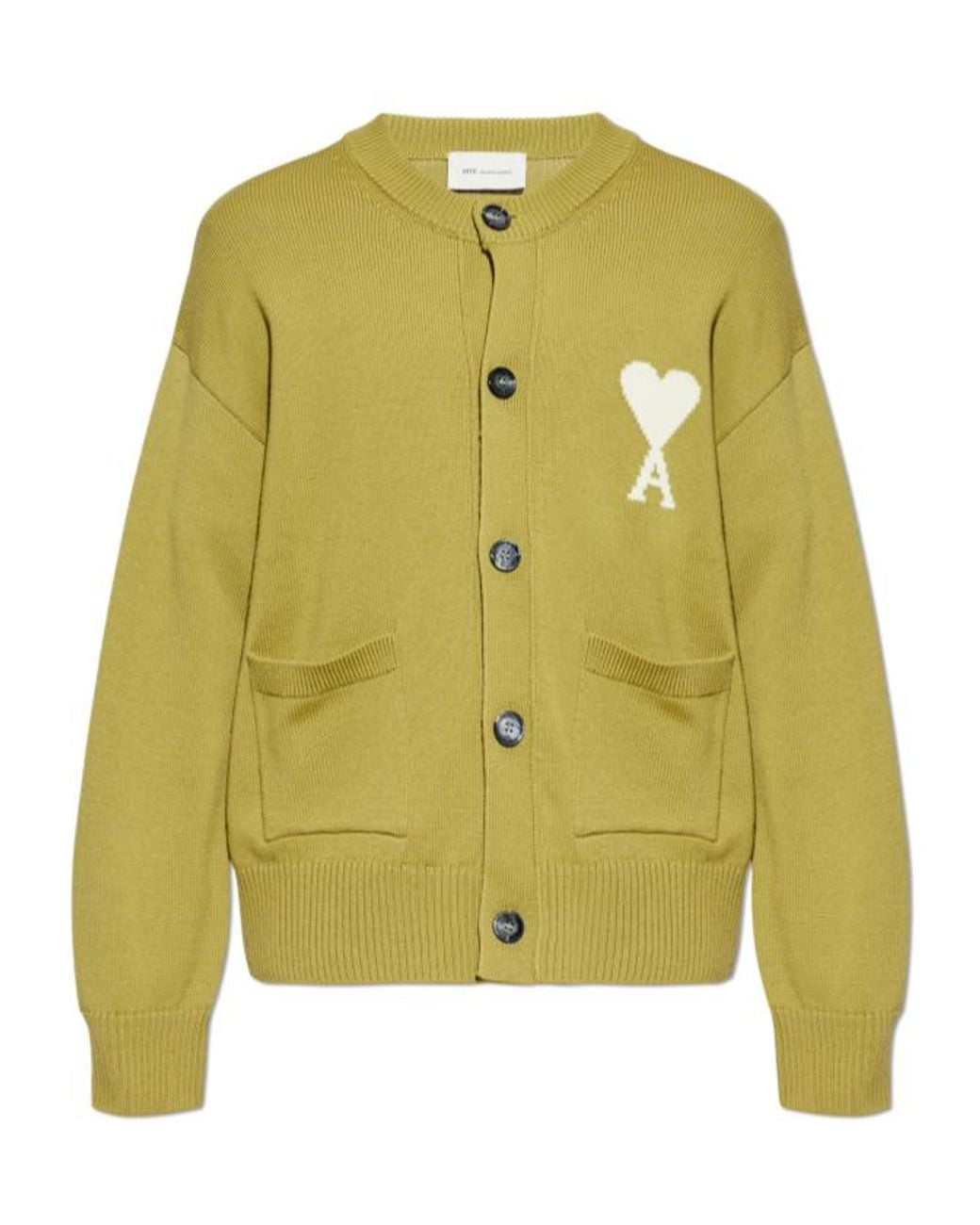 AMI Yellow Ami De Coeur Intarsia-Logo Cardigan for men