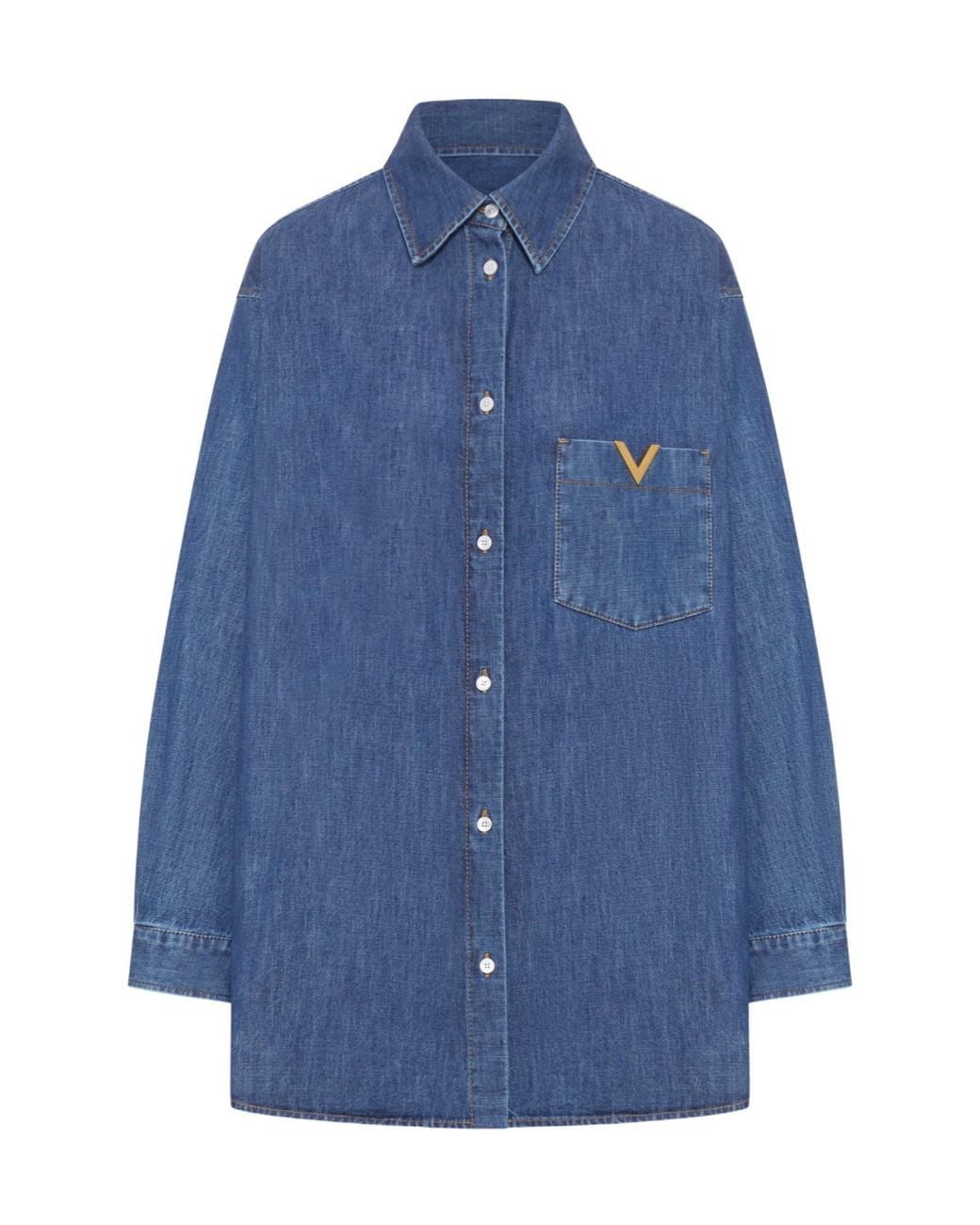 Valentino Blue Logo Plaque Button-Up Denim Shirt