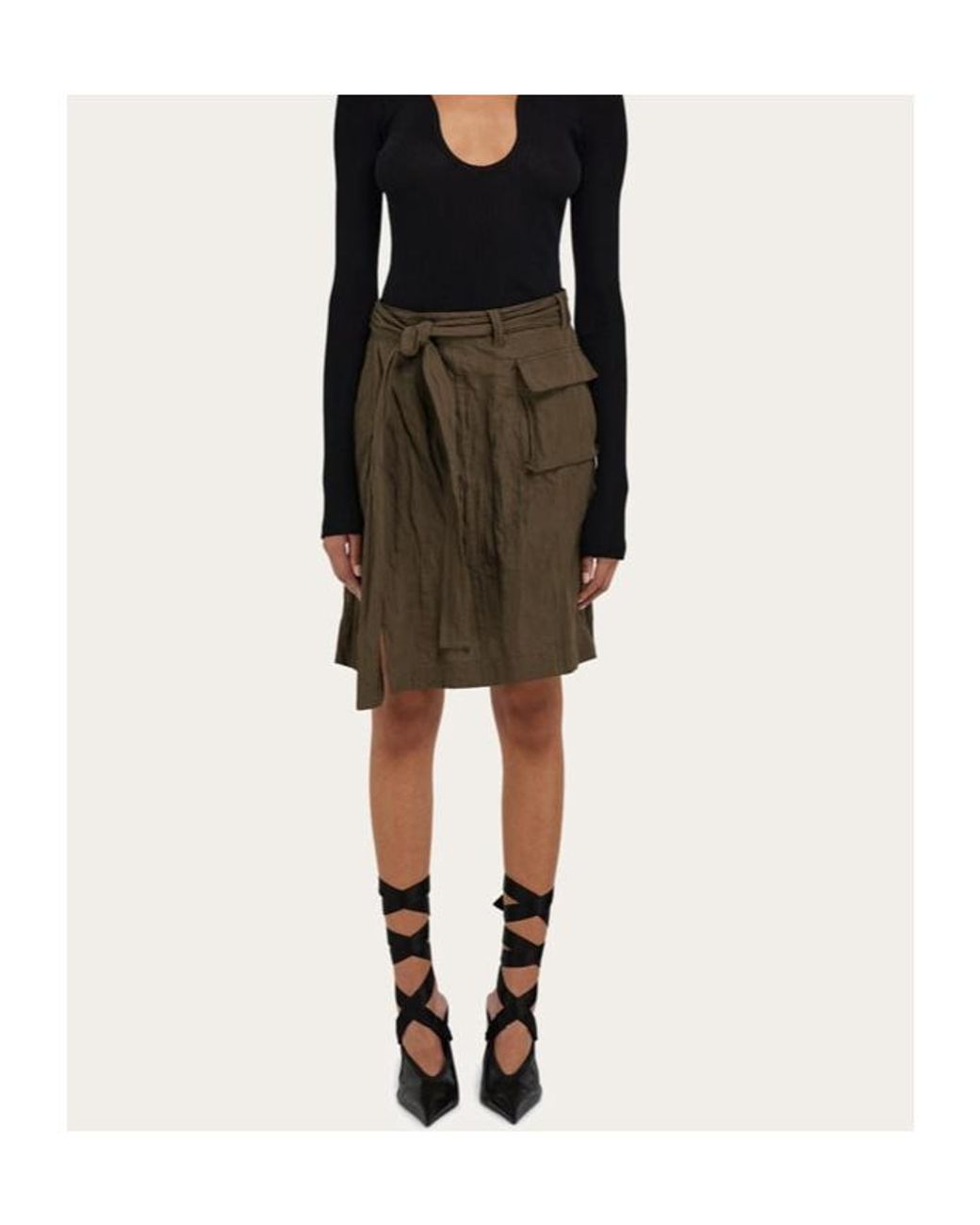 Ferragamo Green Ferragamo Belted Waist Ruched Midi Skirt