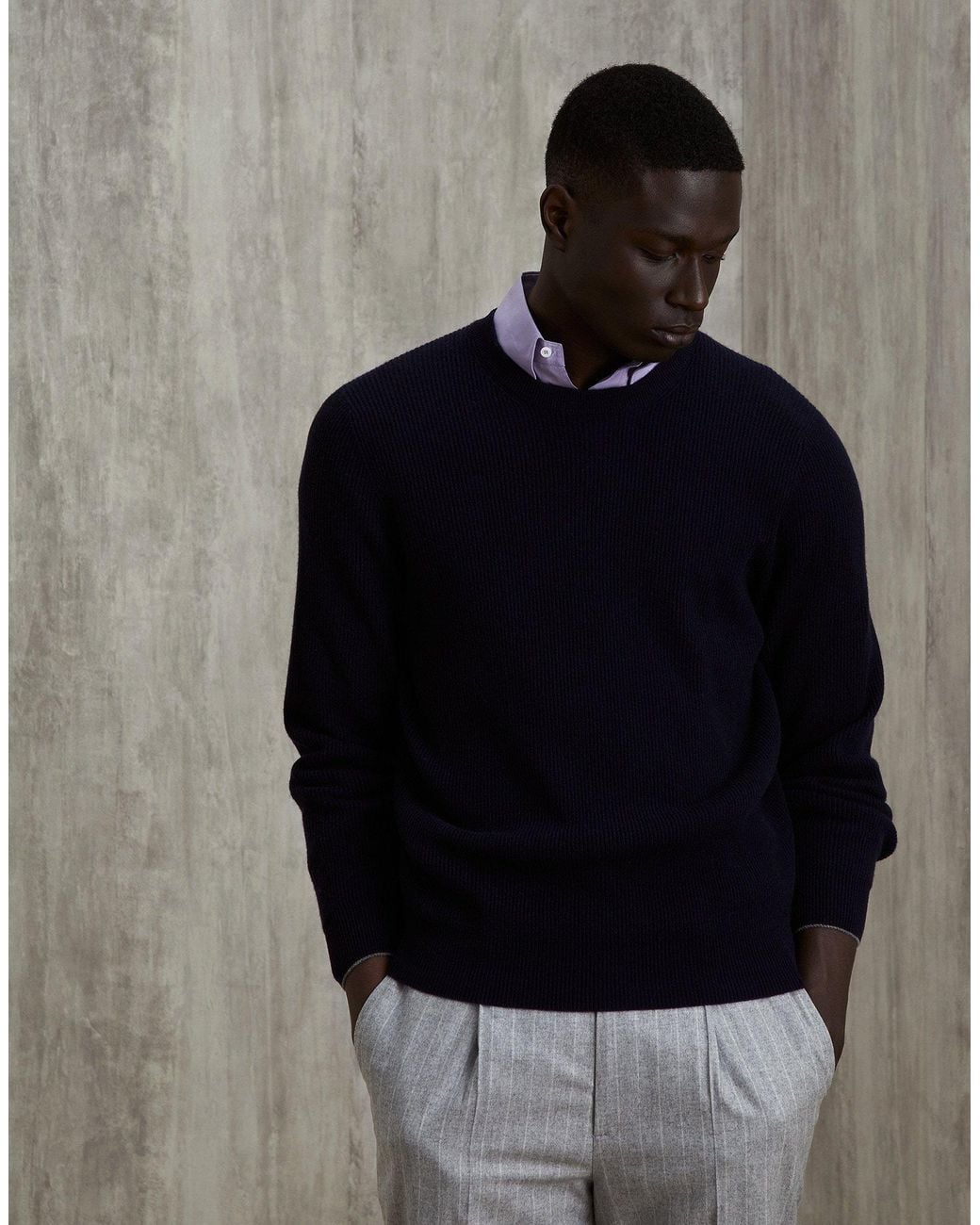 Brunello Cucinelli Blue Cashmere English Rib Sweater for men