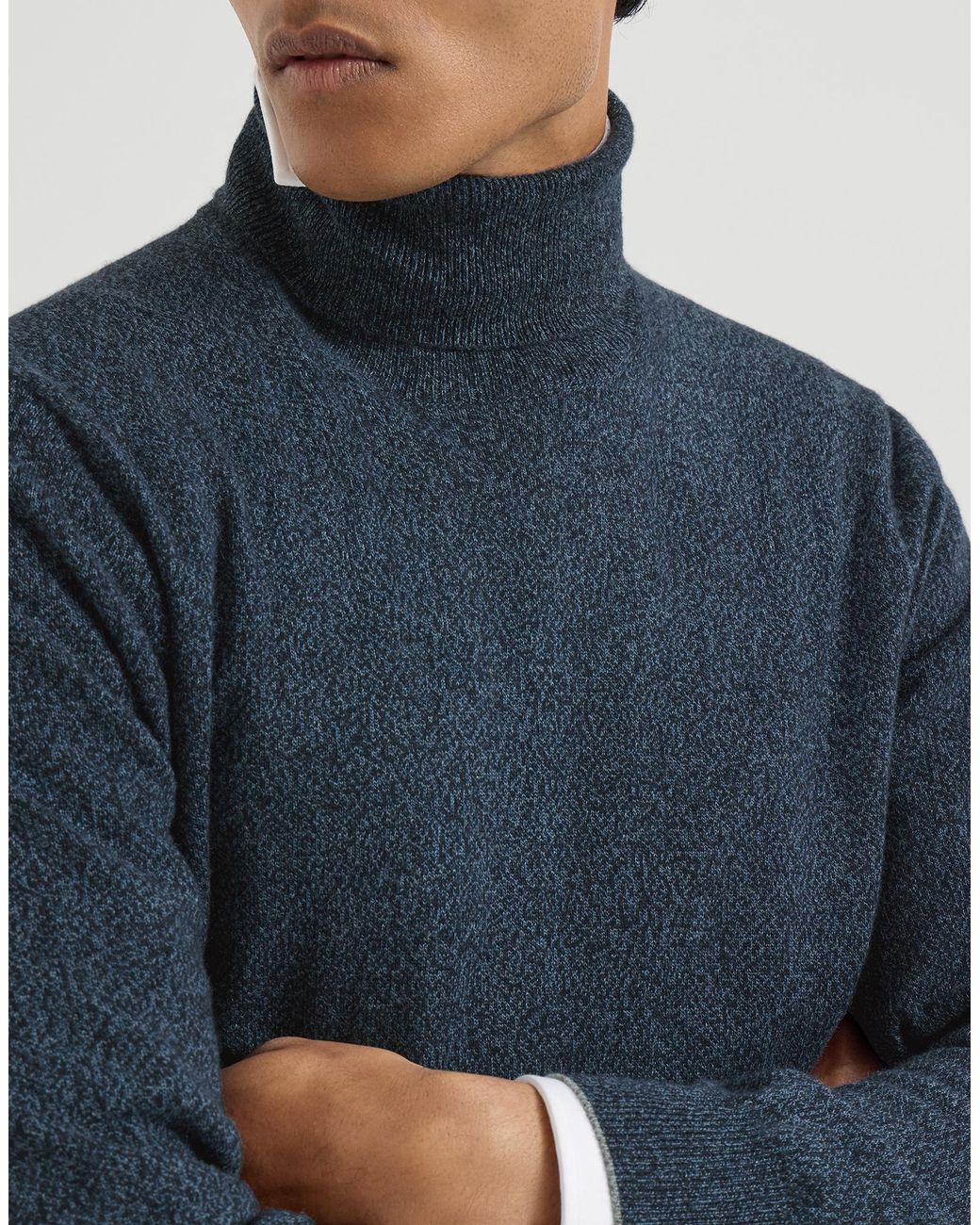 Brunello Cucinelli Blue Mouliné Cashmere Turtleneck Sweater for men