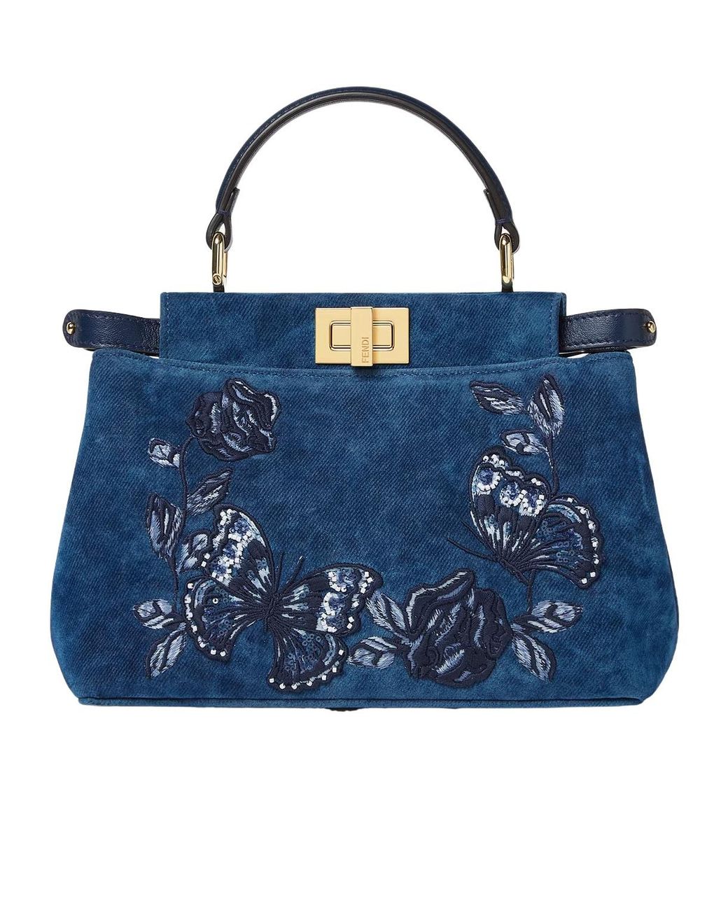 Fendi Blue Mini Peekaboo Floral-Embroidered Denim Tote Bag