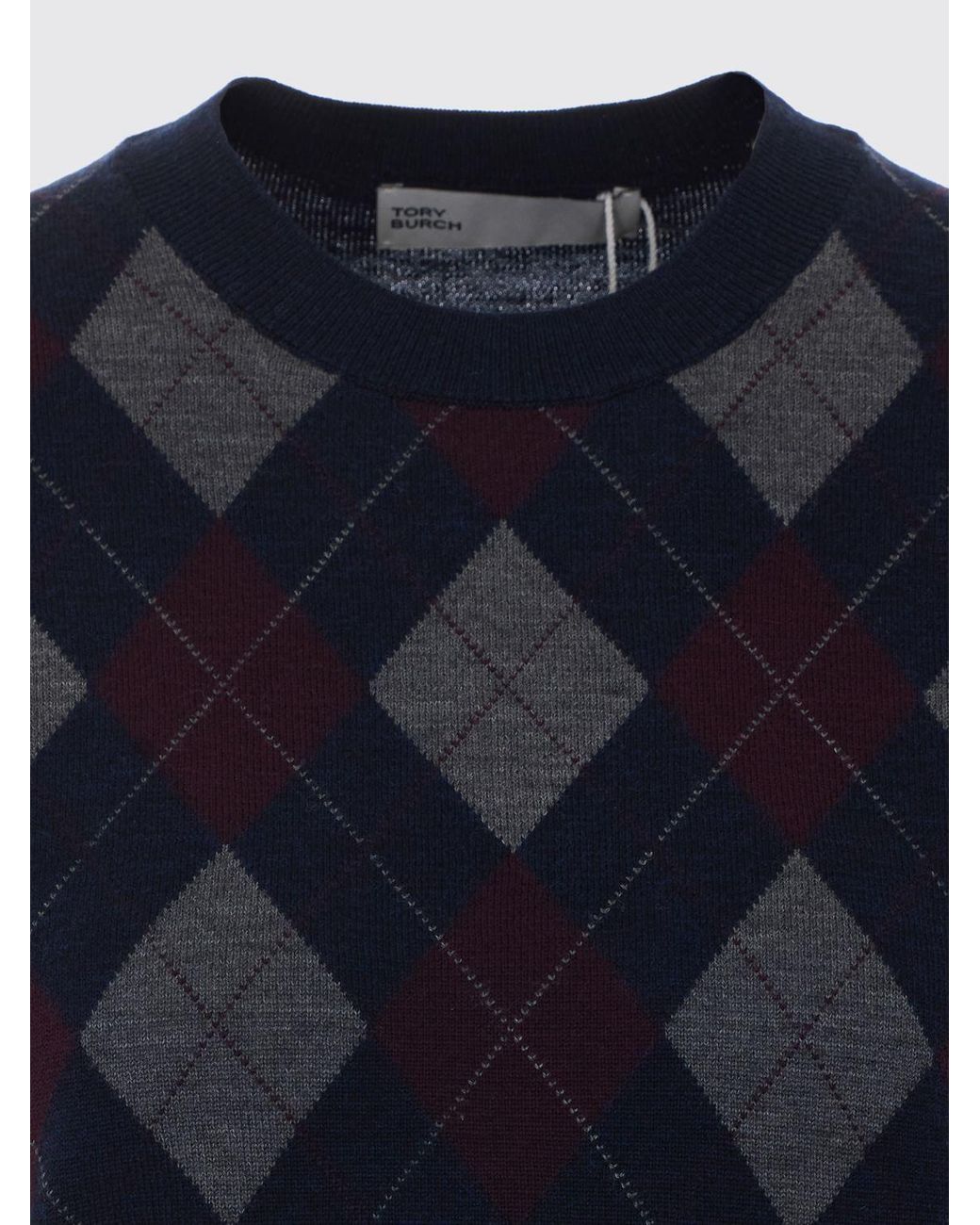 Tory Burch Blue Short-Sleeve Argyle Knitted Sweater