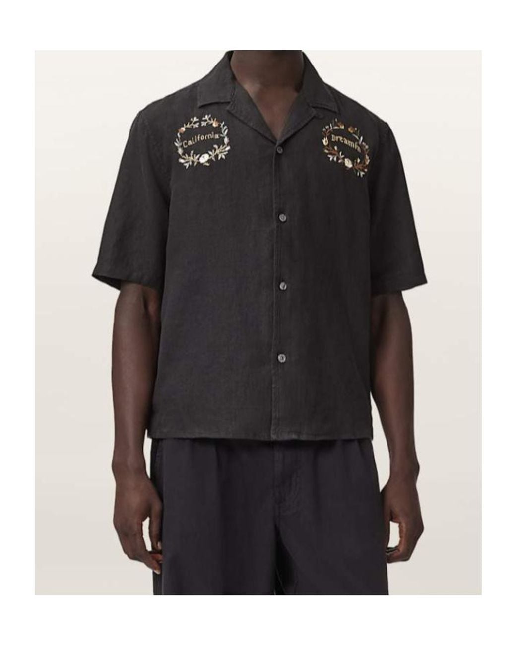AllSaints Black Klavicle Short Sleeve Linen Embroidered Shirt for men