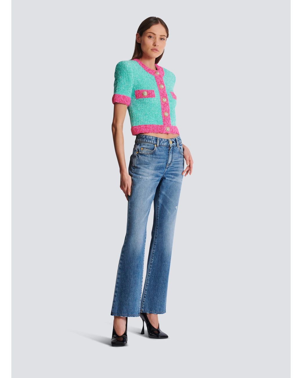 Balmain Pink Two-Tone Cropped Knit Cardigan