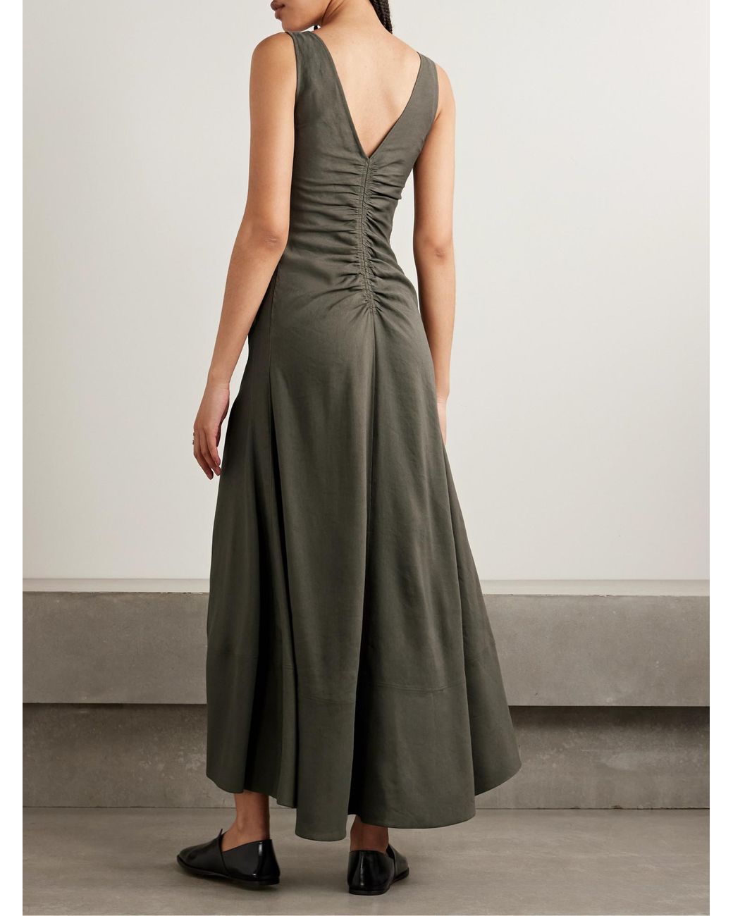 Proenza Schouler Green Remi Ruched Organic Linen-Blend Twill Maxi Dress