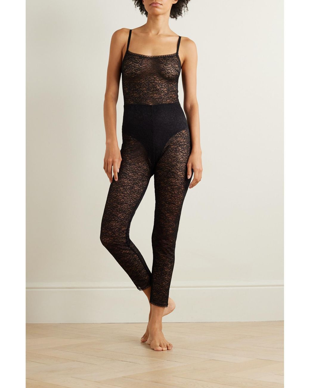 Eres Black Satin-Trimmed Lace Bodysuit